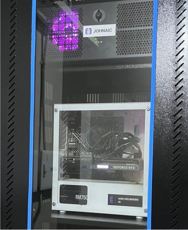 A Voice-in-a-Box server cabinet housing the workstation and GPU that run the whole voice pipeline on site